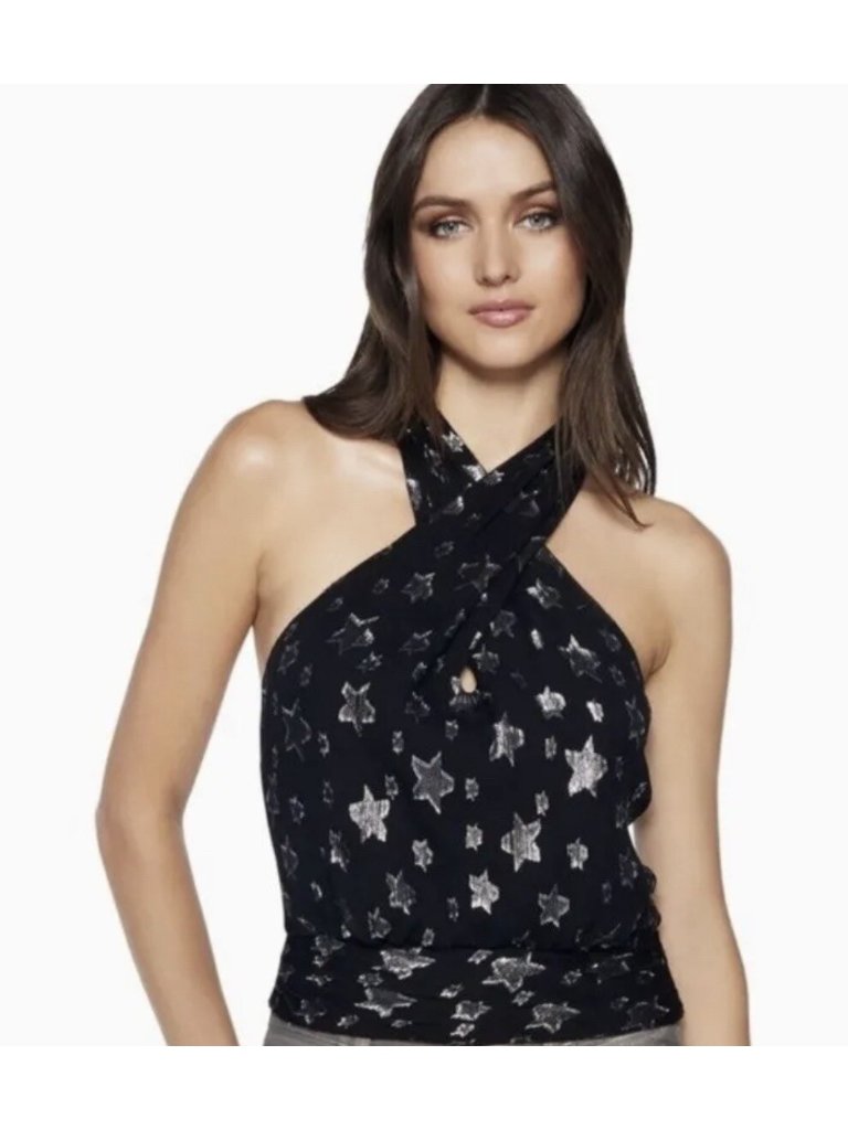 Nwt Ramy Brook Louise Metallic Star Silk Blend Halter Top Black Womens Sz M $295